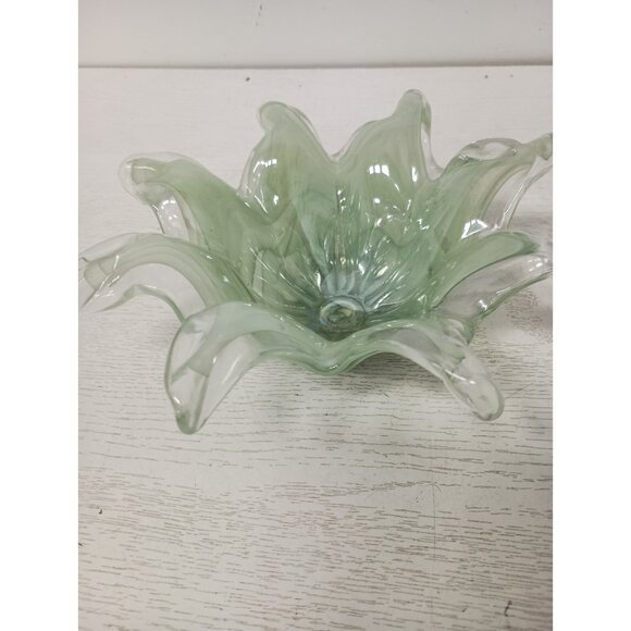 Vintage Ballantine Hand Blown Green Art Glass Iridescent Swirl Flower Candy Bowl - Picture 3 of 8
